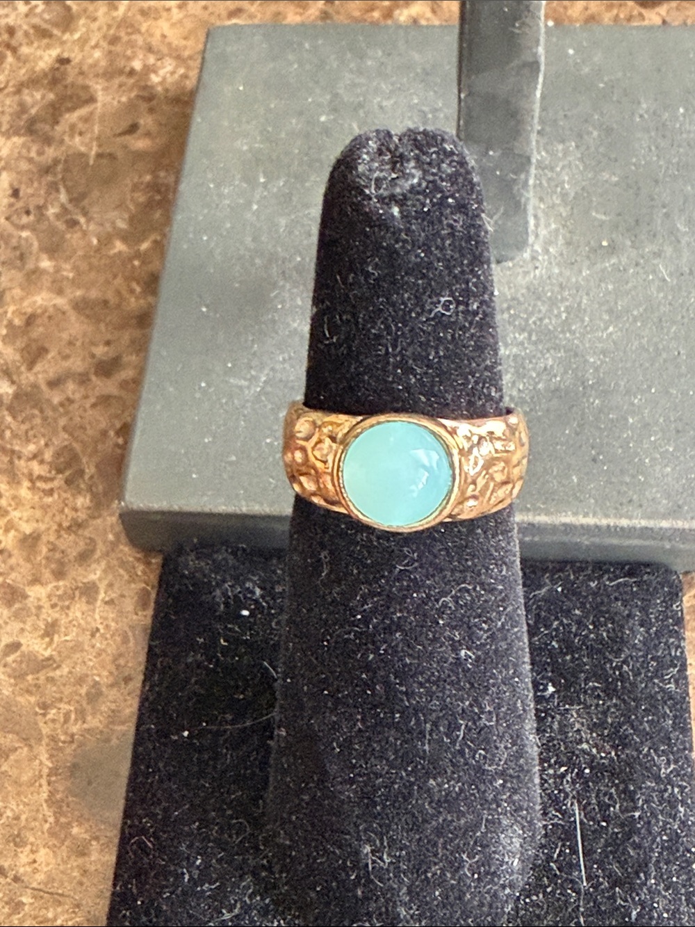 Gold-Tone Ring with Blue chalcedony Cabochon size 6 open back